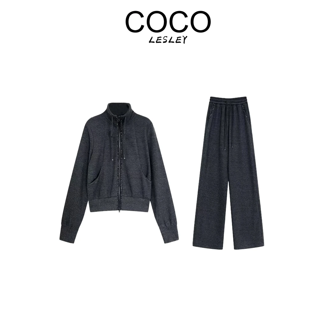 【COCO LESLEY】（加绒加厚）TZ065重手工订珠外套直简裤套装