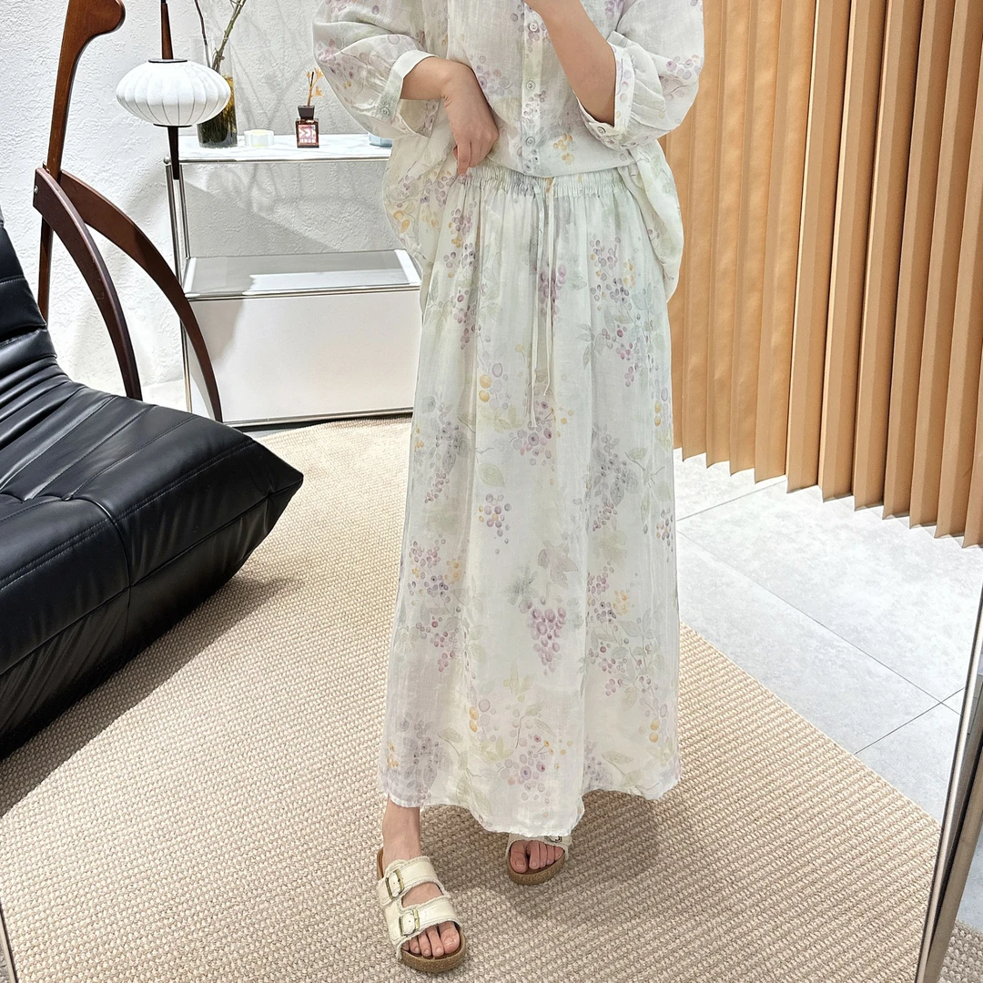 【褚培培自制】“紫葡萄与蓝铃花”-天丝苎麻-半夏松紧高腰A字碎花裙