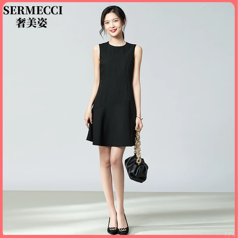 女装2025新款高级感夏小个子直筒收腰显瘦小黑裙子黑色无袖连衣裙