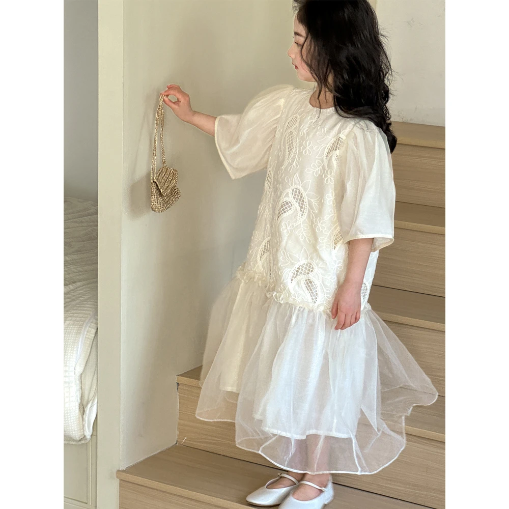 小红鱼女童白色连衣裙夏季儿童洋气时髦中大童欧根纱网纱公主裙