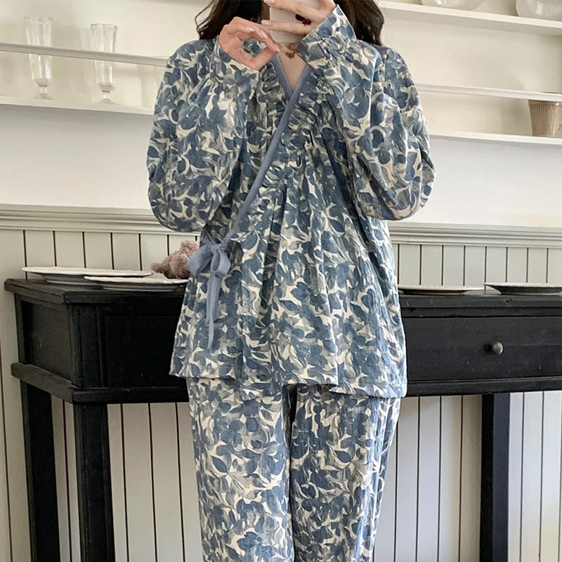 春秋长袖睡衣女款爆款2025新款碎花系带家居服宽松大码套装可外穿