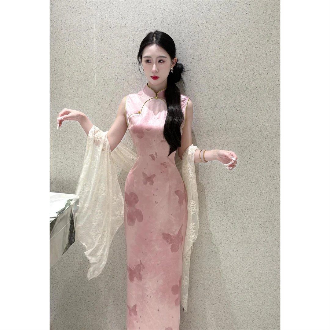 【粉蝶未眠】新中式粉色国风改良旗袍2025夏季小个子收腰显瘦裙子