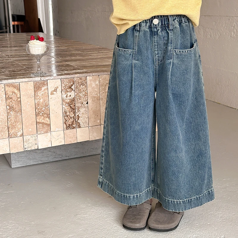 【新品】女童时髦可爱猫咪阔腿裤儿童秋季直筒口袋牛仔裤 25A020