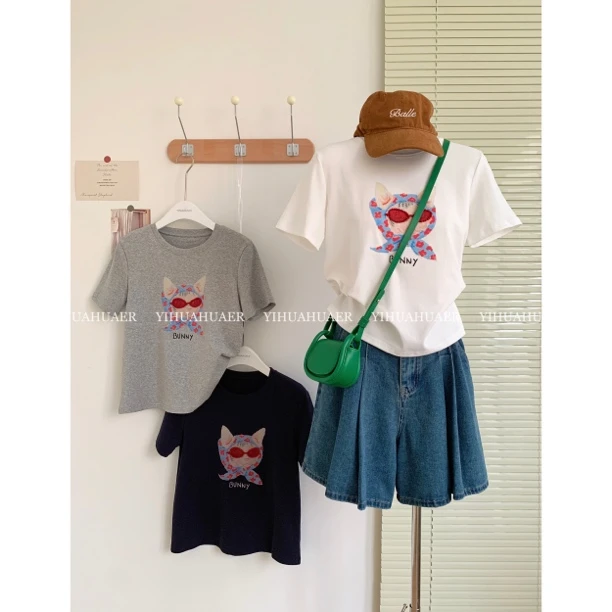 【眼镜小猫】东大门韩版夏款百搭手工串珠卡通印花减龄休闲T恤2817