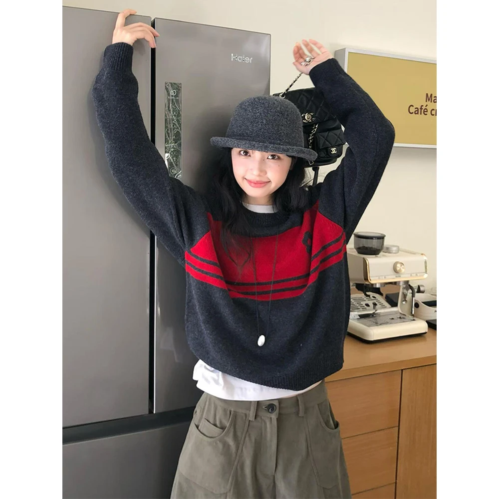 韩版百搭慵懒风撞色提花套头毛衣女早秋氛围感穿搭小众宽松针织衫