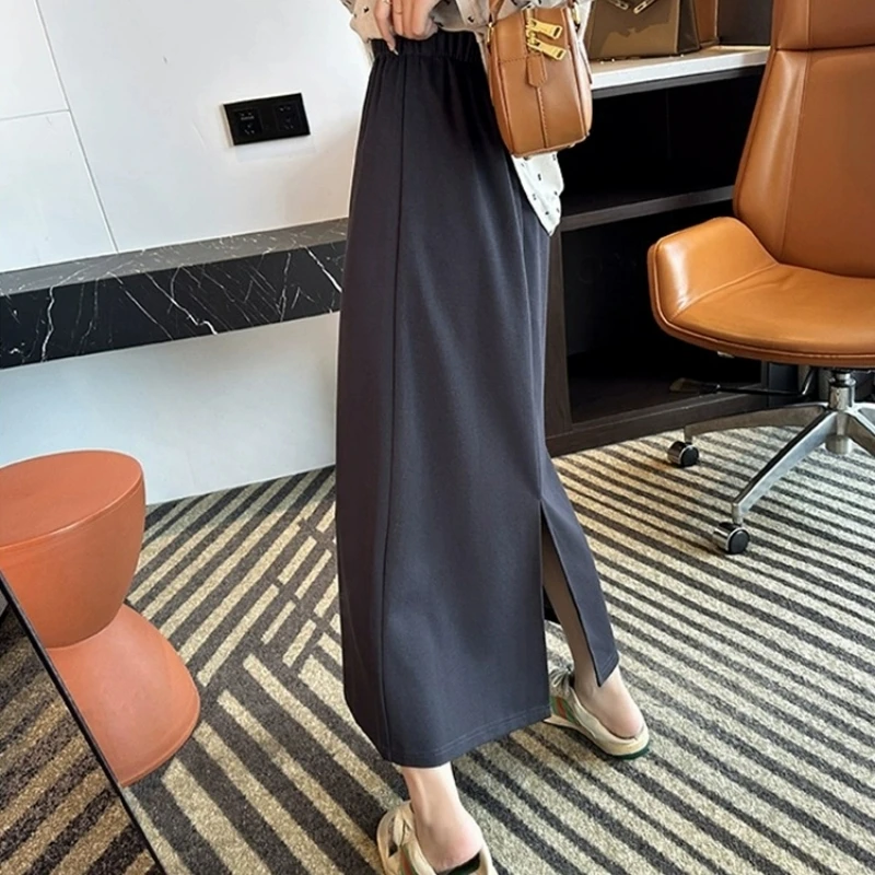 2025新款春夏后开叉松紧腰半身裙女大码胖妹妹mm直筒休闲中长裙女