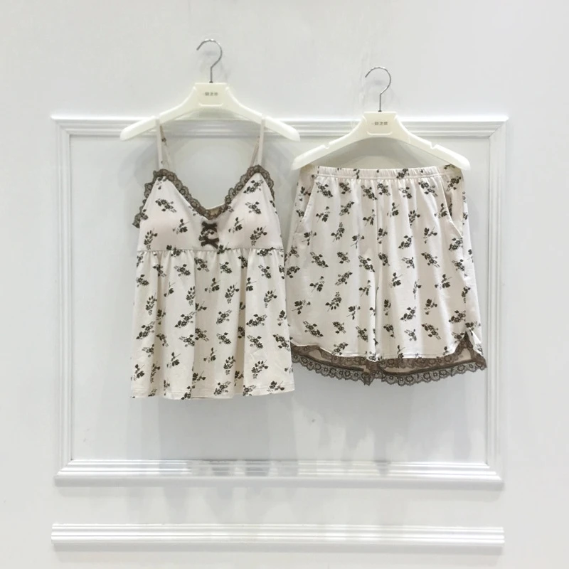 妮可雅性感睡衣带胸垫女夏季凉感纯棉印花吊带短裤薄款纯欲风睡裙