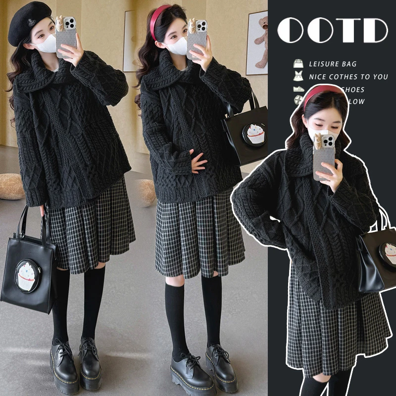 孕妇毛衣套装慵懒风毛衣外套冬季复古格子百褶孕妇半身裙