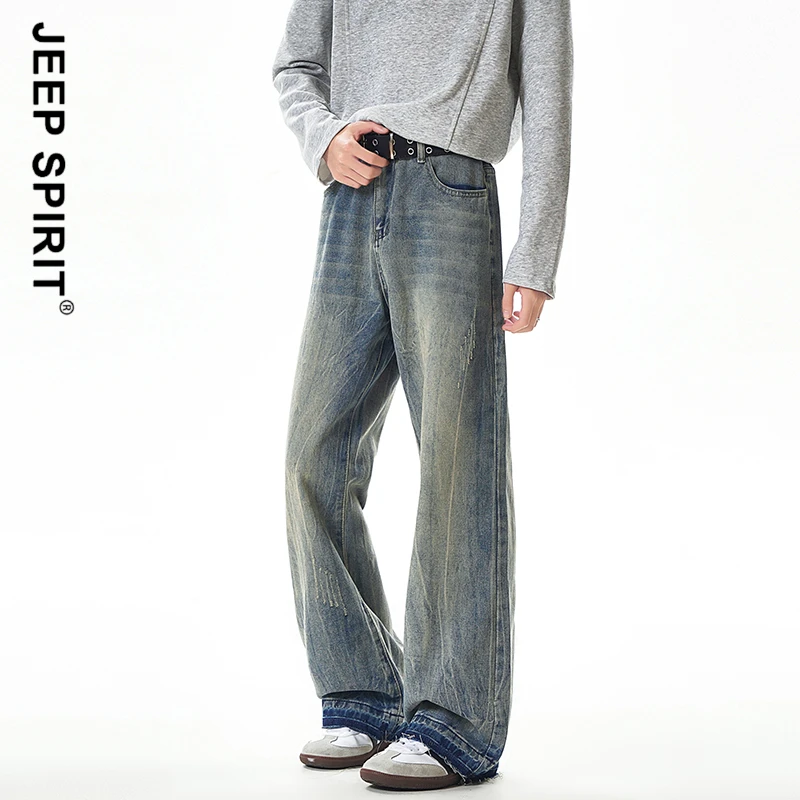 JEEPSPIRIT吉普美式高街微喇叭牛仔裤男秋冬季毛边百搭上班休闲裤