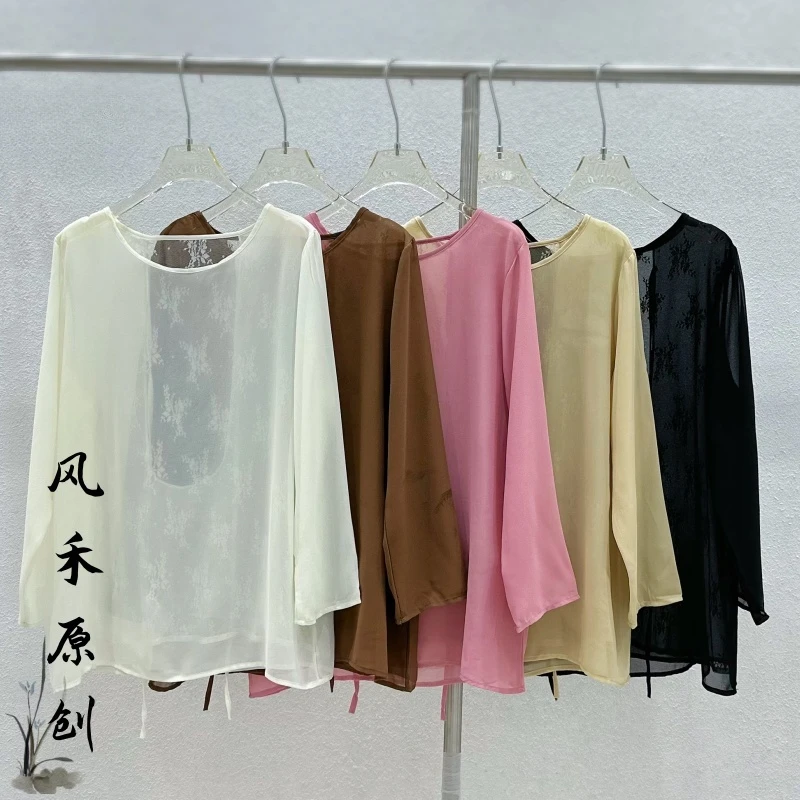 风禾原创【025】夏季时尚百搭圆领系绳暗花七分袖乔其纱防晒小衫女