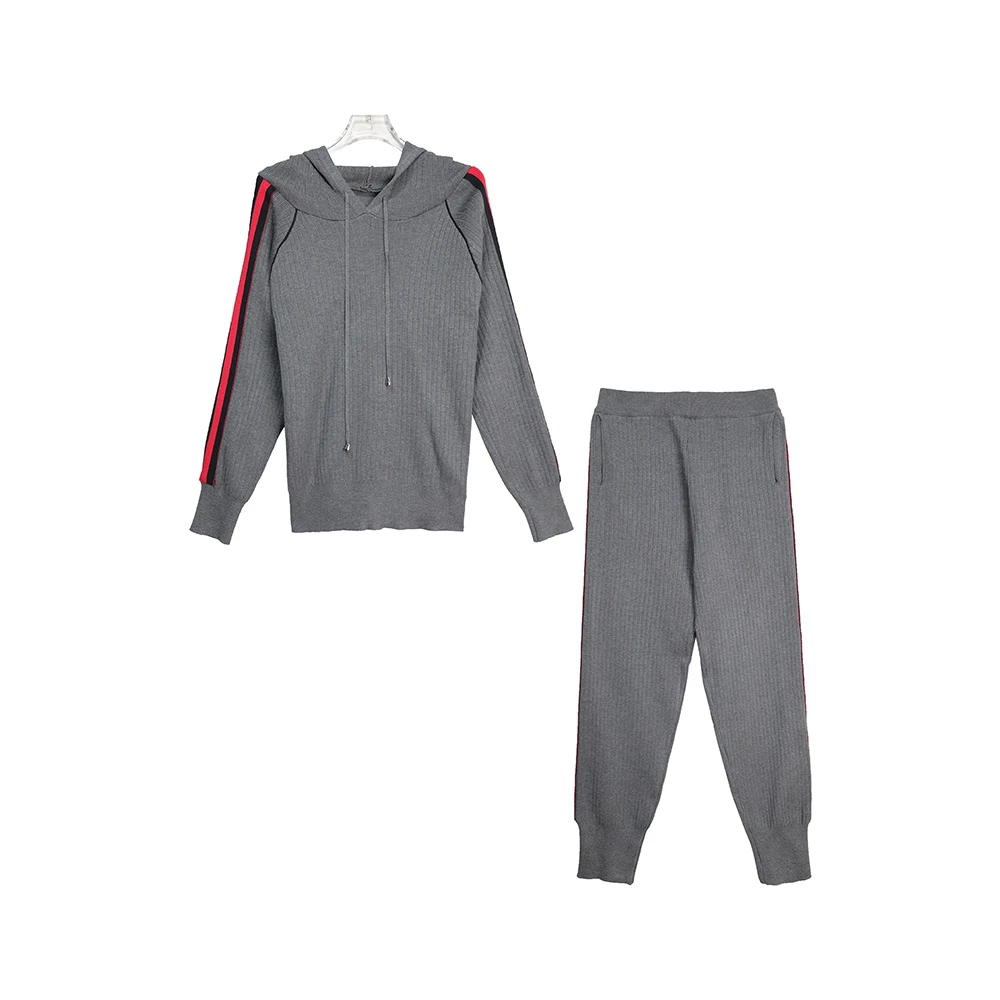 X2606【上新】灰色休闲运动条纹套装时尚洋气连帽两件套4C