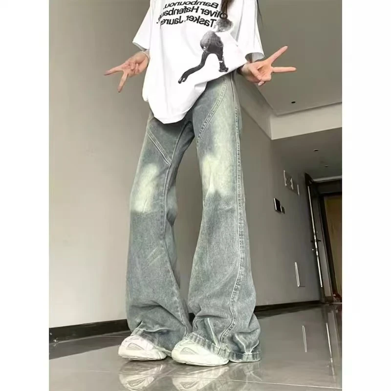 美式高街微喇叭牛仔裤女夏季2025新款高腰水洗复古直筒阔腿薄裤子