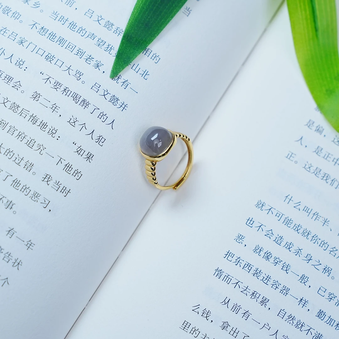 【睿泽赏宝】S925和田玉烟紫方形蛋面戒指9*5 CB3786