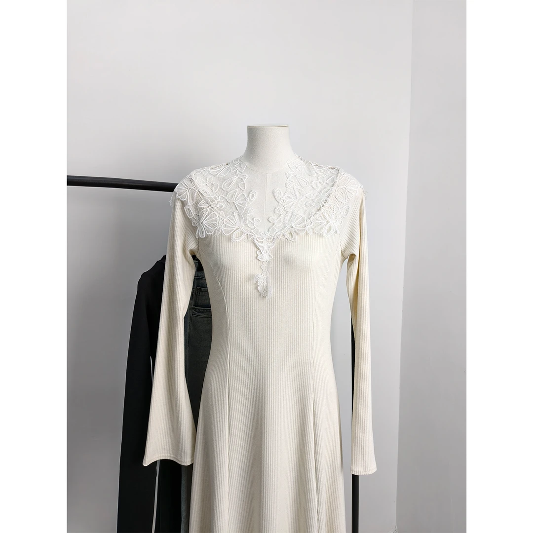 【不知雪】温柔氛围感蕾丝v领针织连衣裙收腰显瘦长袖a摆长裙