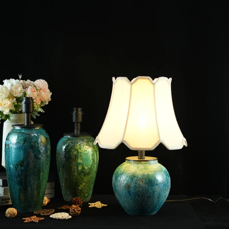景德镇复古陶瓷台灯粗陶罐绿色翡翠中式客厅酒店装饰直播间氛围灯