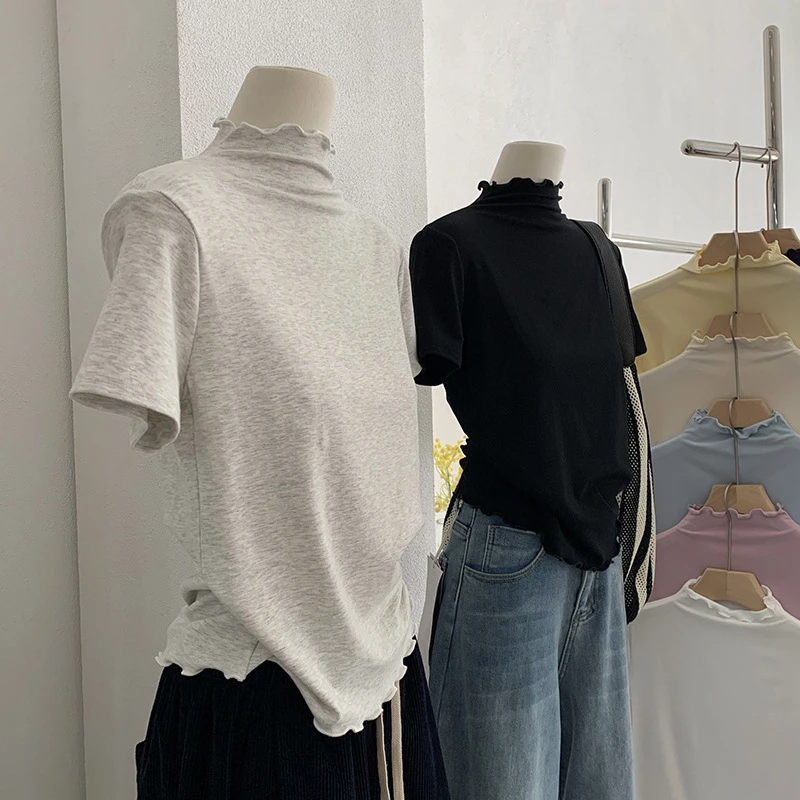 欧玛莱半高领木耳边纯色短袖修身显瘦打底衫T恤上衣女装5884