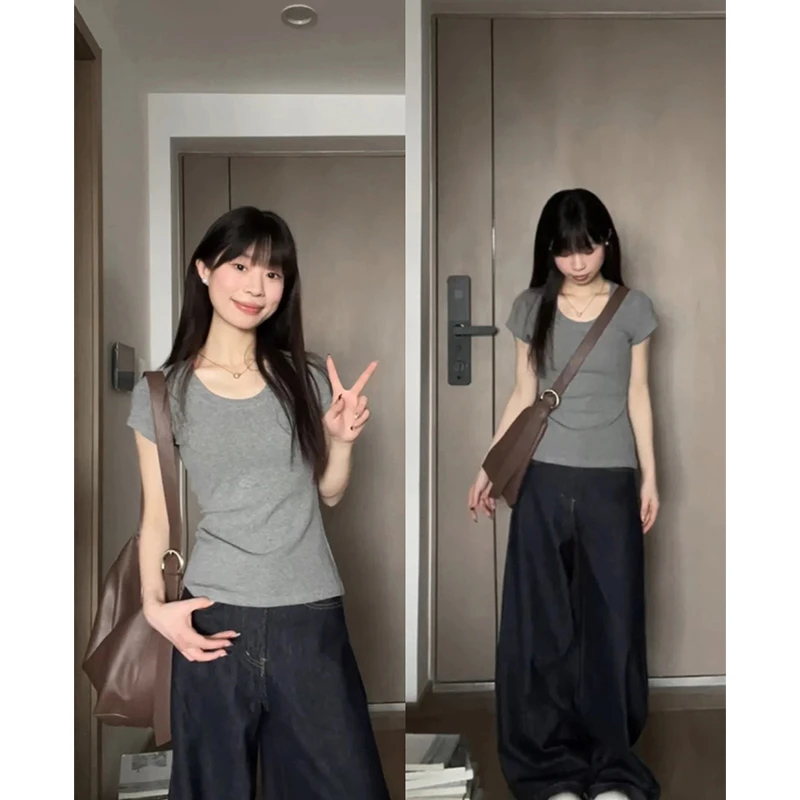 灰色上衣正肩t恤短袖女夏季修身小众设计感u领显瘦纯色短袖t恤女