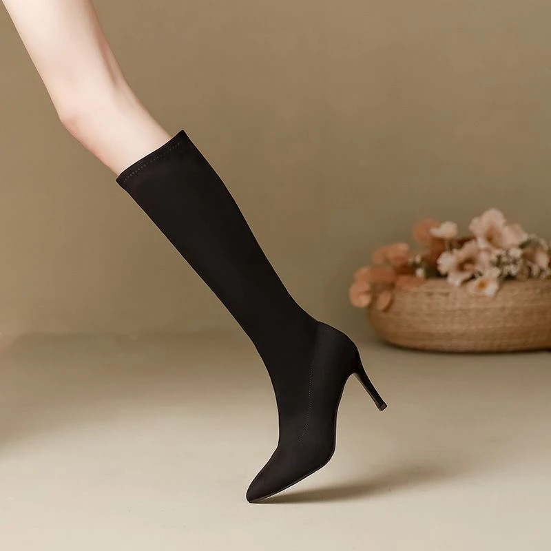 尖头高跟长靴女2025年新款秋冬绒面弹力瘦瘦靴不过膝上班鞋子长筒