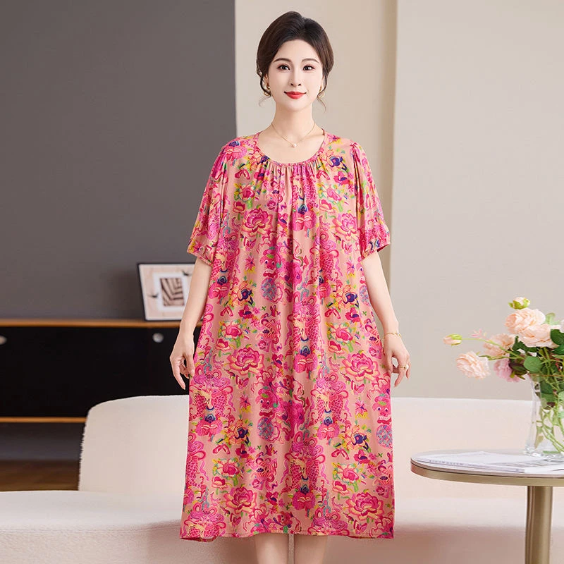 棉绸大码裙子2025新款可外穿带口袋中长款人造棉妈妈装夏季薄款