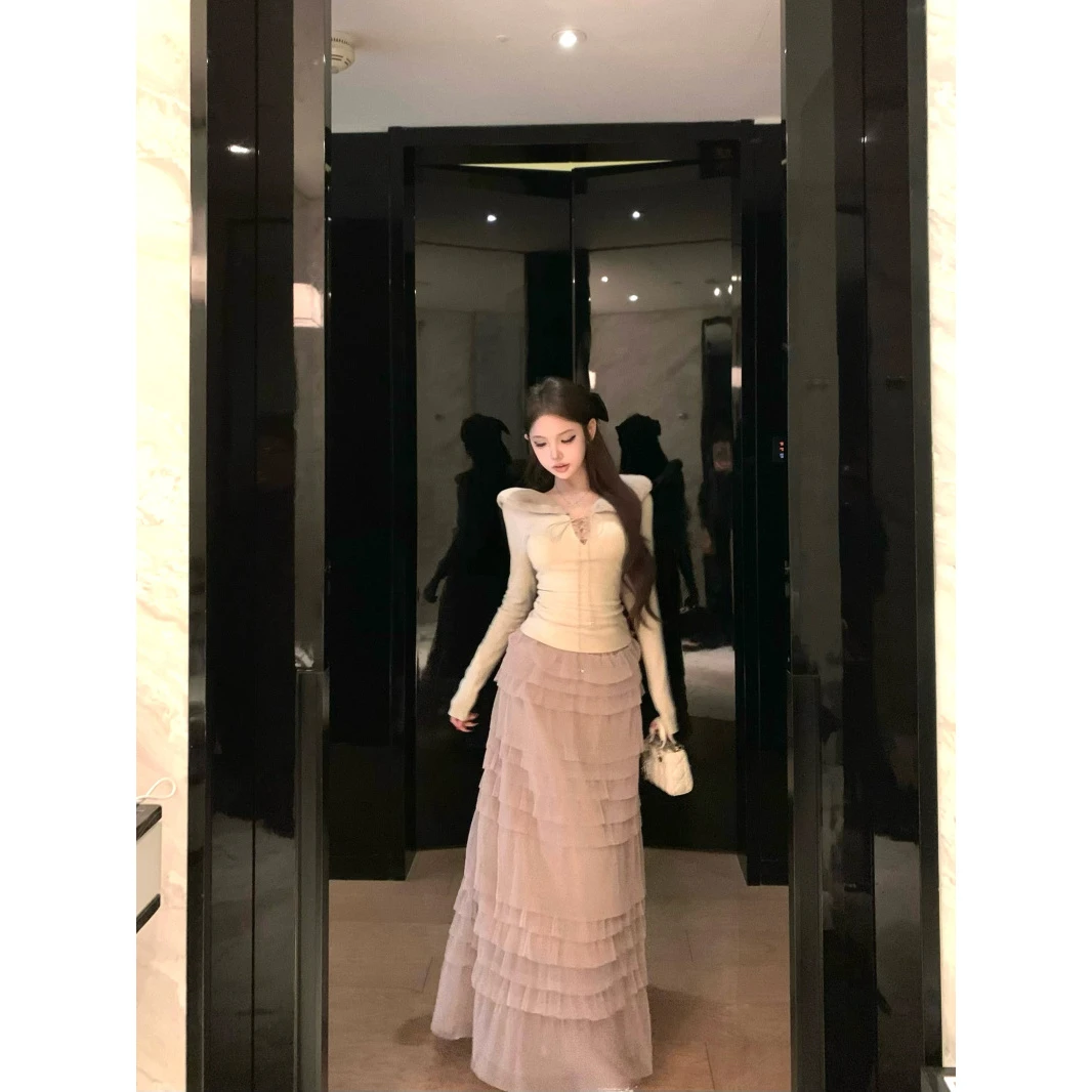 秋冬保暖针织毛领修身辣妹打底上衣重工压褶网纱半身套装吊带显瘦