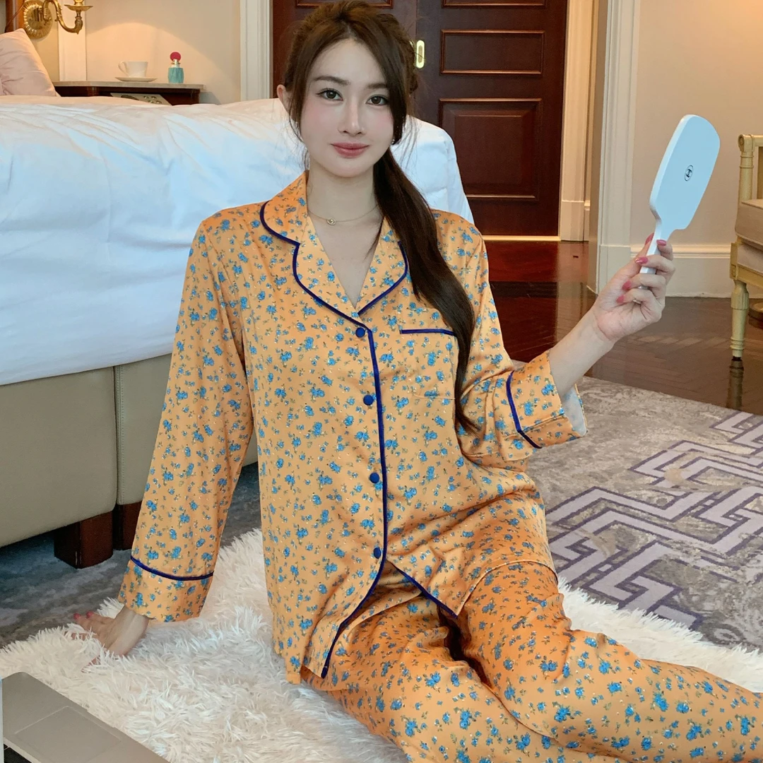 2025新款黄色小碎花春秋款长袖长裤睡衣女高级感优雅家居服套装