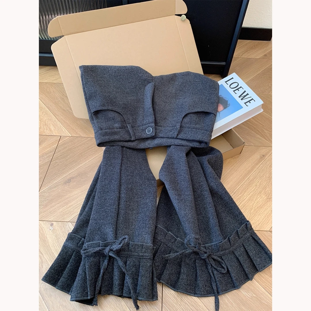 韩系慵懒风深灰色木耳边加绒加厚微喇休闲运动卫裤女修身喇叭裤子