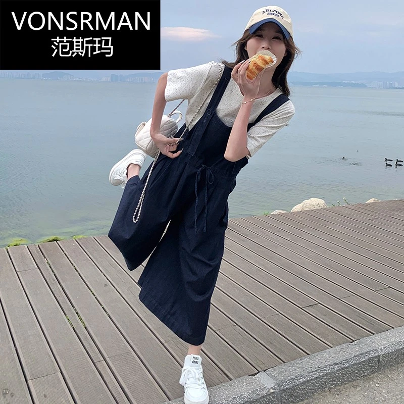 复古蓝工装牛仔背带裤女2025夏季新款韩版时尚减龄休闲阔腿裤裤子