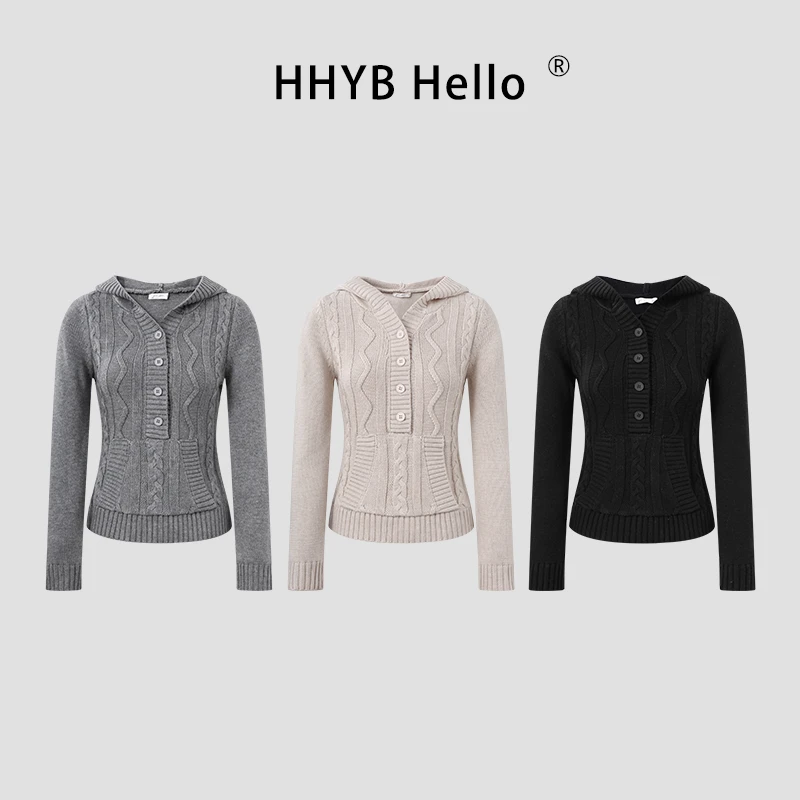 HHYB Hello韩系连帽麻花毛衣女2025秋冬季新款显瘦开衫上衣QM1286
