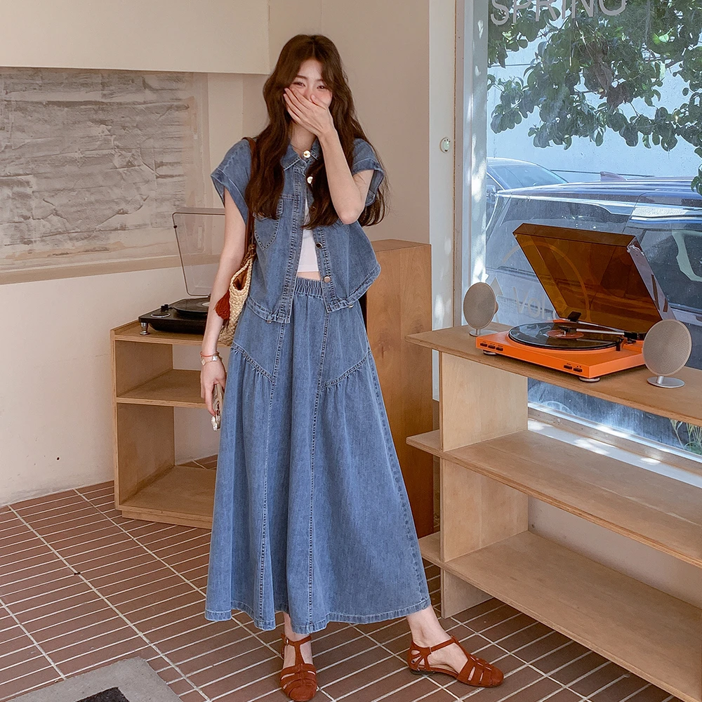 设计感小众牛仔衬衫时尚套装女2025夏季新款高腰显瘦半身裙两件套