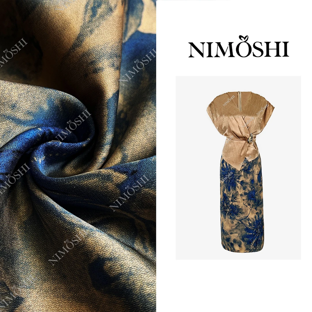 NIMOSHI【倩倩】复古尘香撞色花卉蝴蝶袖褶皱高腰百搭连衣裙Q2076