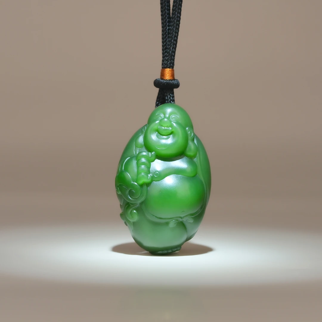 传世级 和田玉俄七辣绿酒瓶底逍遥佛吊坠 39*25*19mm± H91612