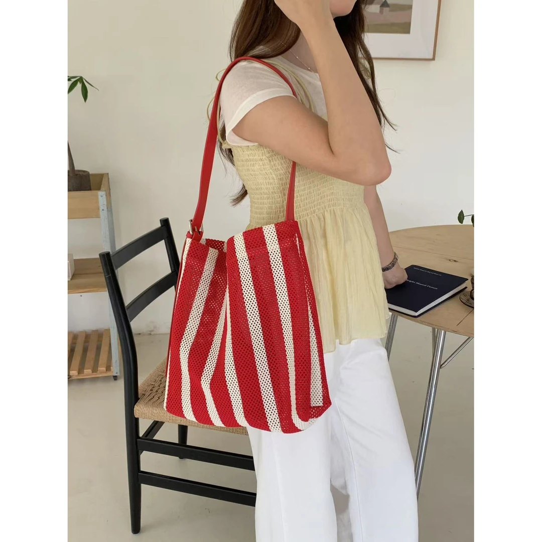 竹笋喵喵韩系条纹小众设计托特包女2025大容量单肩高级感编织包
