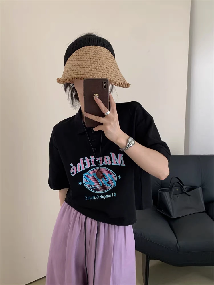阿玉家&欧货休闲翻领短袖marit字母印花宽松棉T恤上衣#7221