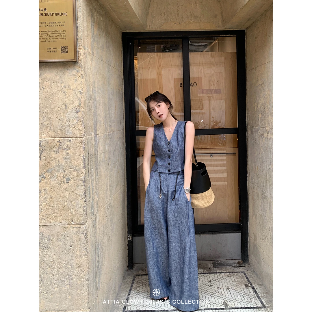 【王雪糕专属】ATTIA 老钱风度假v领马甲牛仔亚麻套装夏薄款阔腿裤