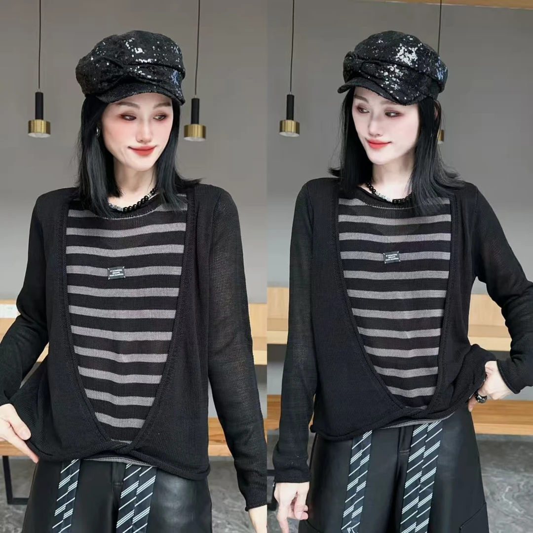 【YJ·高定】2025秋季设计感宽松百搭显瘦马甲小衫假两件女 YY3201