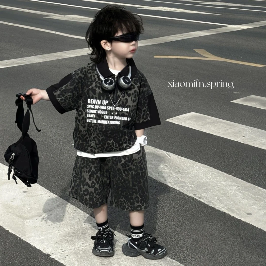 男童夏装豹纹套装2025新款韩版儿童Polo短袖t恤宝宝短裤两件套潮