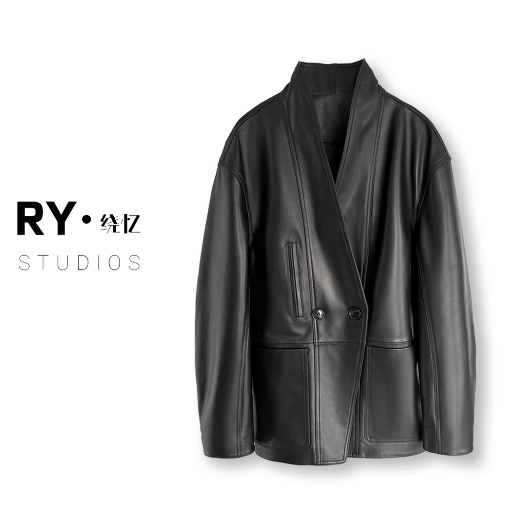 2025年新款女真皮皮衣海宁绵羊皮外套V领西装中长款休闲真皮夹克