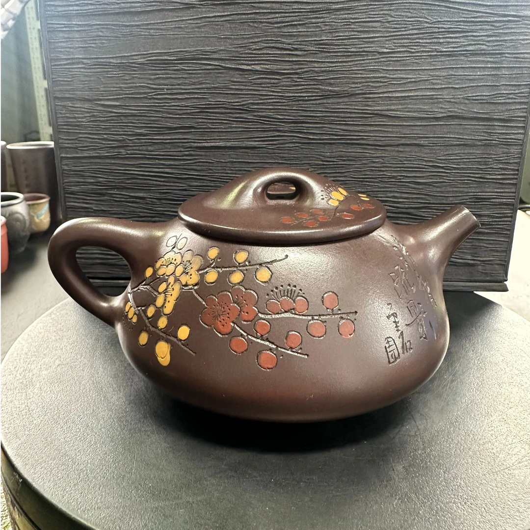 宜兴紫砂壶顾立斌老师手工刻绘300cc高温石红石瓢景舟石瓢踏雪