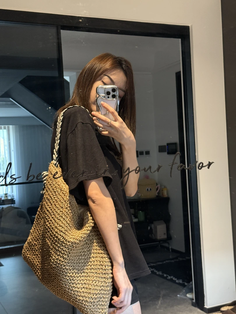 A29 海军风 ins复古简约草编包宽肩带编织包慵懒风单肩包沙滩包