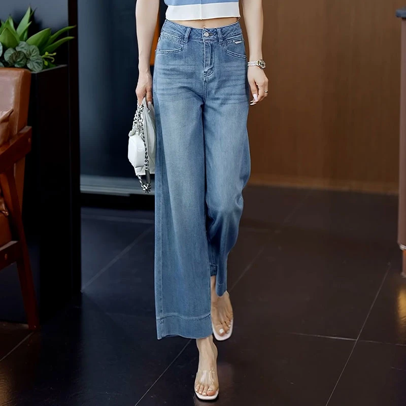 阔腿牛仔裤女夏季薄款2025新款高腰小个子九分宽松显瘦窄版直筒裤