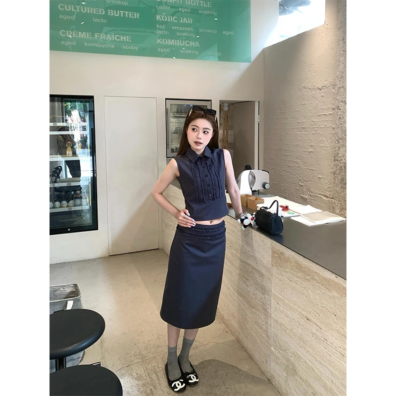 千金贵气名媛风女装花边压褶无袖衬衫背心高级感上衣包臀半身裙