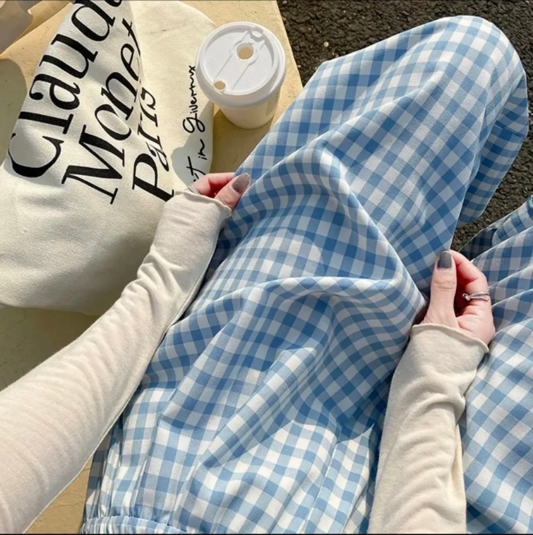 多巴胺松弛感慵懒夏季薄款高级感撞色格子直筒垂感休闲阔腿裤07