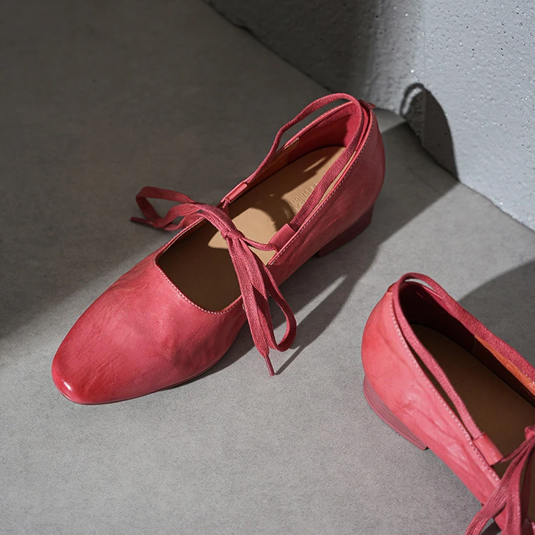 【欧若风】复古水洗马皮浅口真皮单鞋女系带平底擦色百搭显瘦圆头