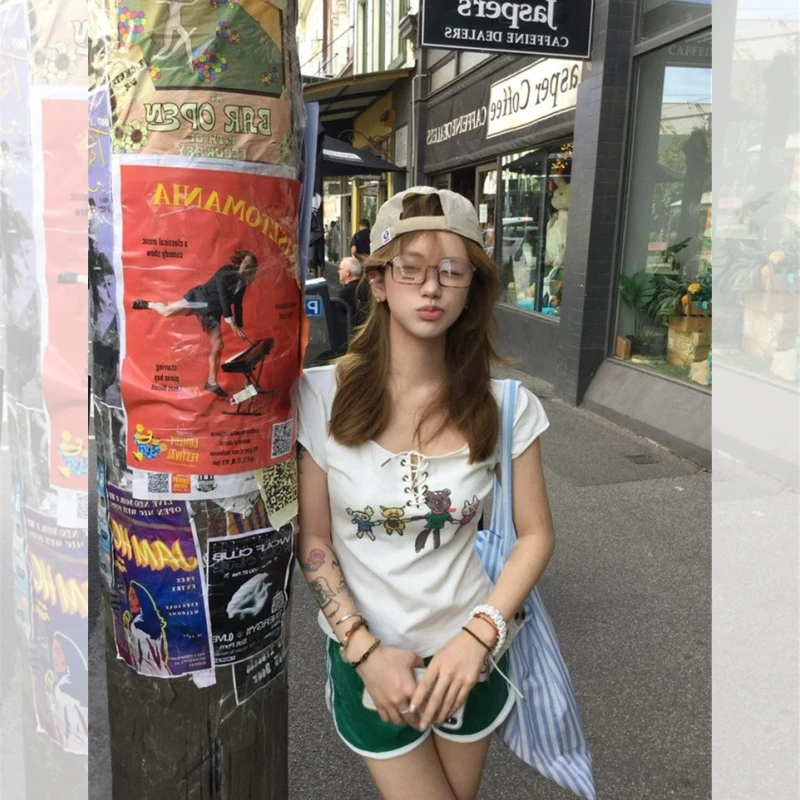 杨超越同款卡通印花显瘦chill系带短袖t恤女夏季修身短款上衣