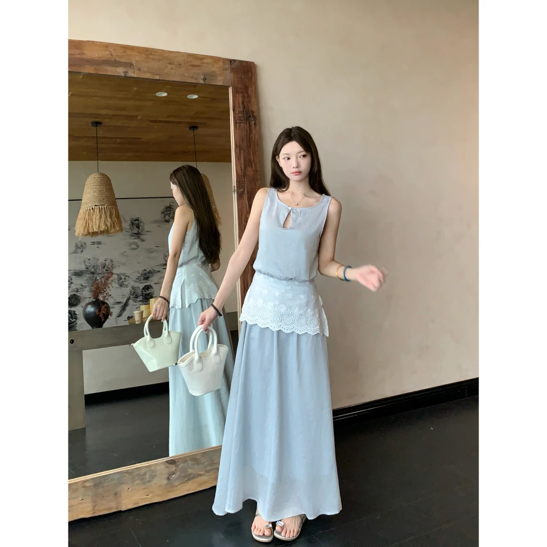 【天生丽质】小众设计感水滴领无袖气质上衣百搭半裙套装