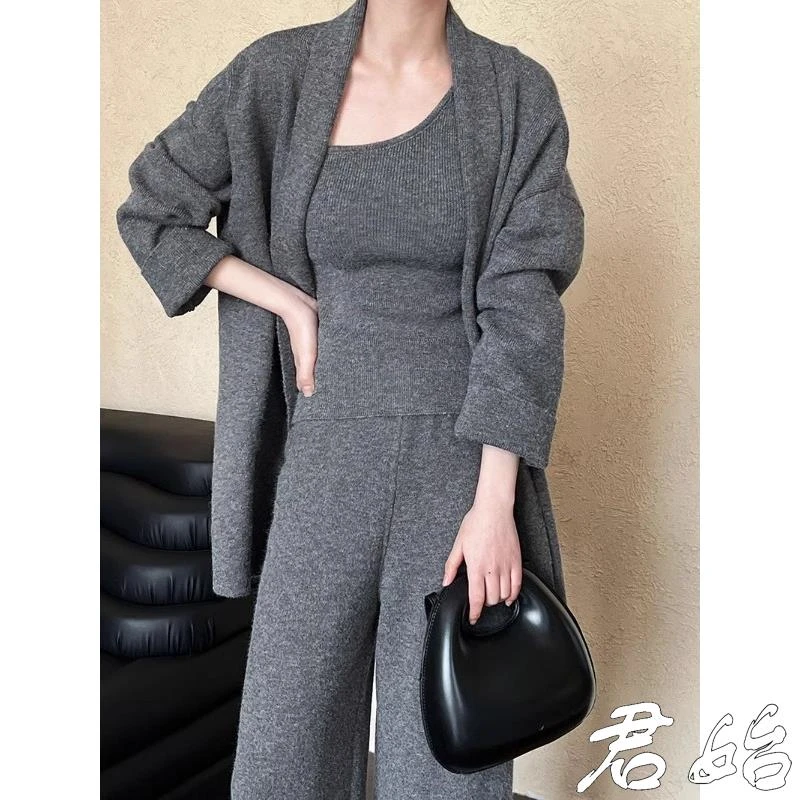 女秋冬灰色套装毛衣中长款开衫外套小众高级感针织阔腿裤三件套