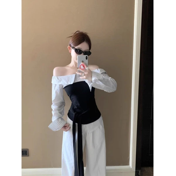 设计感条纹拼接绑带气质长袖衬衫女2025秋季收腰显瘦上衣