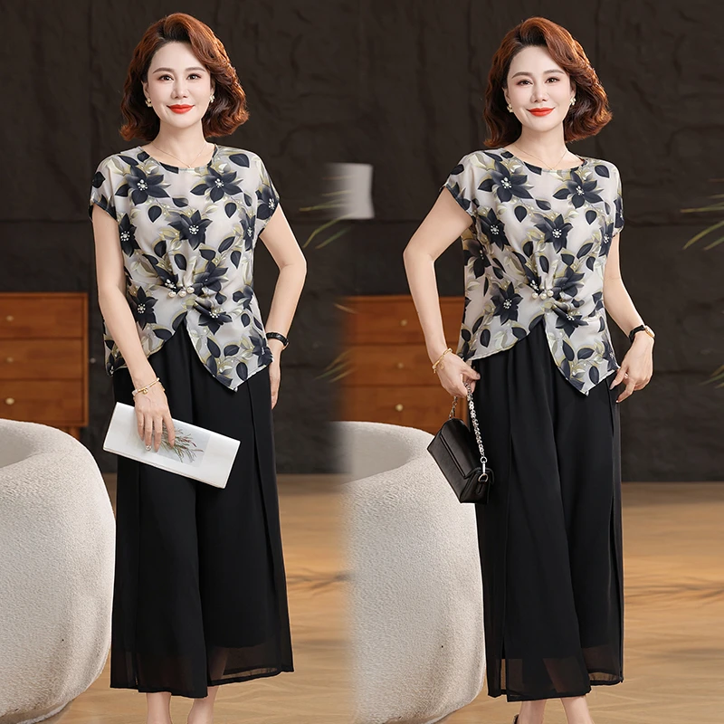 2025夏季新款圆领宽松妈妈上衣收腰显瘦上衣+裤子中老年女装小衫