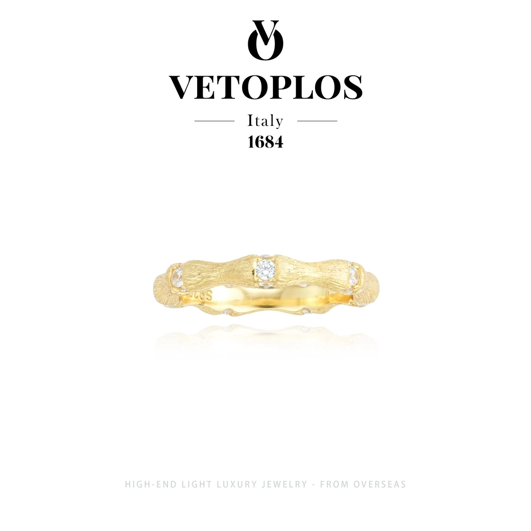 925银镀k金【竹林池畔】vetoplos款金色拉花竹节镶嵌轻奢 戒指F3333