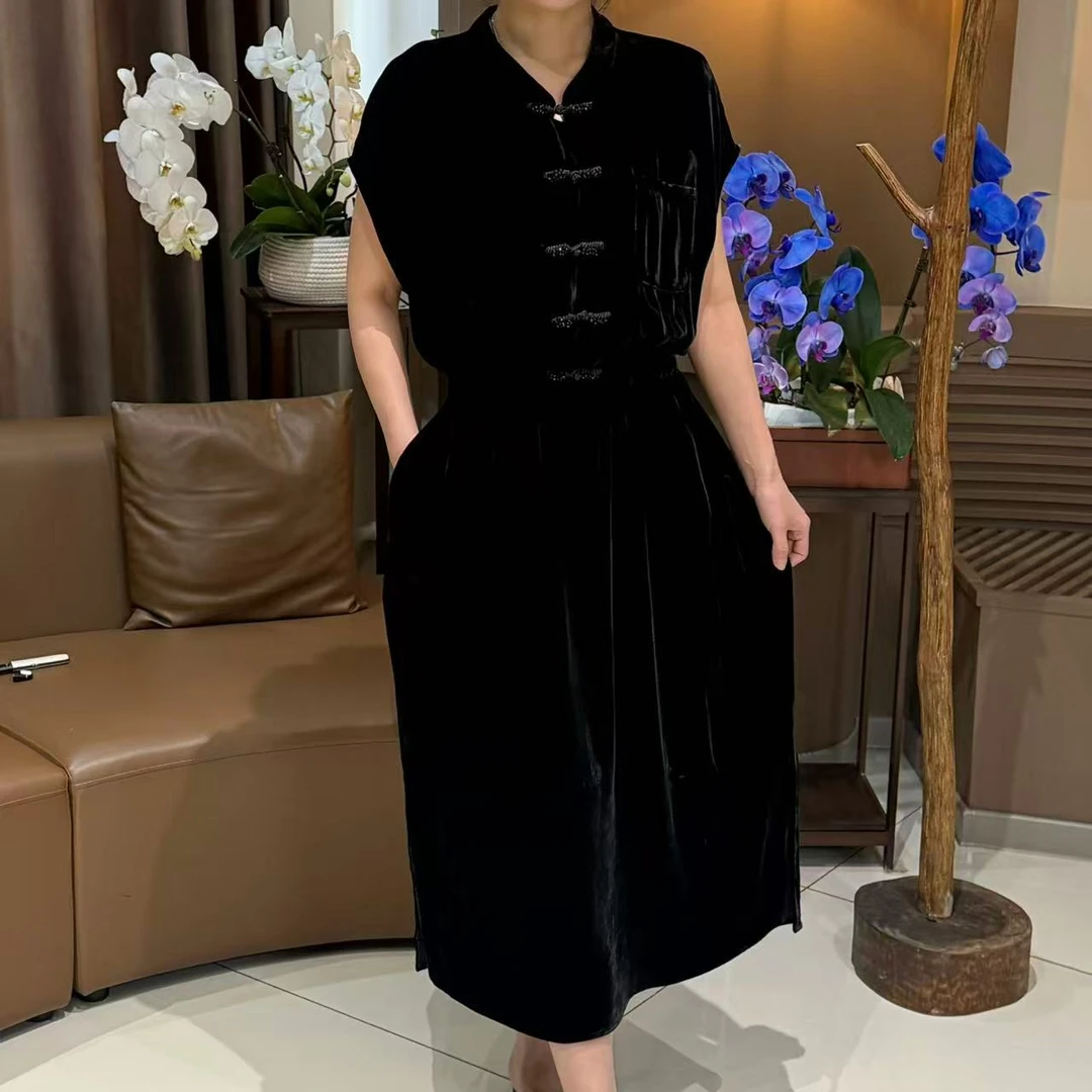 真丝丝绒收腰显瘦包肩砍袖连衣裙